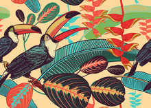 Floral Seamless Pattern With Birds Toucans And Tropical Leaves And Flowers.