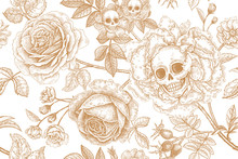 Floral Seamless Pattern With Symbols Of Day Dead. Skulls, Blooming Rose Flowers And Foliage.