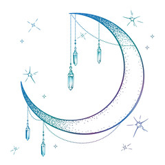 Blue crescent moon with moonstone gem pendants and stars vector illustration. Hand drawn boho style art print poster design, astrology, alchemy, magic symbol over white background.