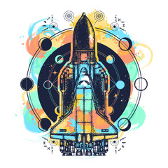 Wall Mural - space shuttle tattoo art watercolor splashes style. symbol of space research, the flight to new gala