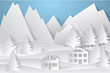 © astarte7893 - Winter landscape in paper style. Mountains, trees and houses. Layered cut out paper postcard. Vector illustration