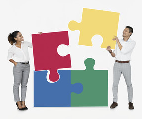 Sticker - Businesspeople connecting jigsaw puzzle pieces