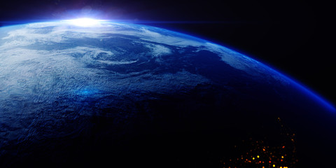 Wall Mural - a view of the earth from outer space/3d rendering rotating planet earth with a sun-baked side and a 