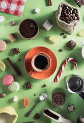 Poster - coffee cup and beans at green background