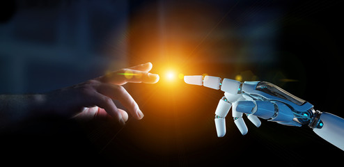 Fototapete - White cyborg finger about to touch human finger 3D rendering