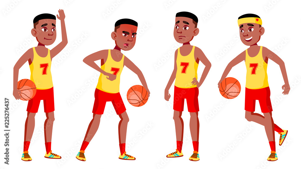 Teen Boy Poses Set Vector. Black. Afro American. Leisure, Smile. For ...