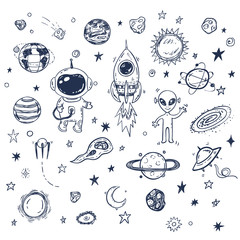Wall Mural - doodle space travel vector set with rocket, astronaut, alien, planets, stars. hand drawn print or po