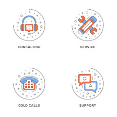 Wall Mural - consulting, service, cold calls, support. set of 4 flat line icons. flat line illustration concept f