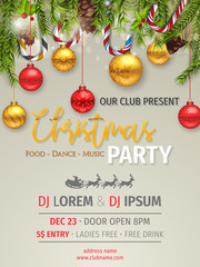 Wall Mural - christmas party design with fir branches, pine cones, holly, and string lights. festive christmas ba