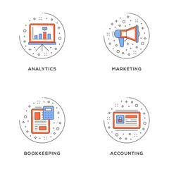 Wall Mural - analytics, marketing, bookkeeping, accounting. set of 4 flat line icons. flat line illustration conc