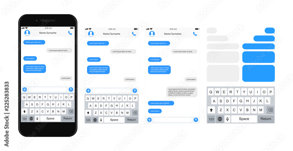 SmartPhone chatting sms template bubbles. SMS chat composer. Place your own text to the message. Phone chatting sms template bubbles. Vector illustration. - obrazy, fototapety, plakaty 
