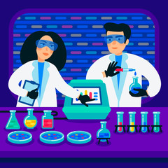 Wall Mural - Genome sequencing concept. Scientists working in Nanotechnology or biochemistry laboratory. Molecule helix of dna, genome or gene structure. Human genome project. Flat style vector illustration