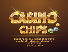 Vector Golden Pattern Text Casino Сhips With Illustration. Luxury 3D Font. Sparkling Elegant Alphabet Letters, Numbers And Symbols