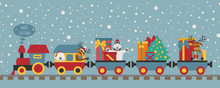Christmas Train With Bear, Reindeer, Gifts. Seamless Pattern For Children
