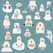 Cute Polar Bear Sticker Set. Elements For Christmas Holiday Greeting Card, Poster Design