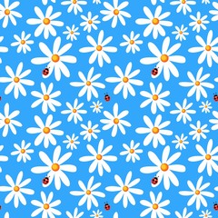 Wall Mural - Seamless blue background with camomiles and ladybirds