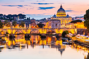 Poster - Vatican City. Saint Peter Basilica and Sant`Angelo Bridge. Rome, Italy.