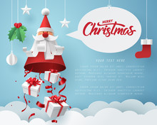 Paper Art Of Gift Box Dropping From Santa Claus, Merry Christmas And Happy New Year Celebration Concept