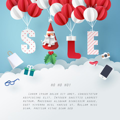 Paper art of Santa Claus and red sock mobile hanging with balloon on sky, new year and Christmas celebrate of sale