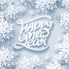 Wall Mural - Paper art of HAPPY NEW YEAR calligraphy hand lettering and snowflake
