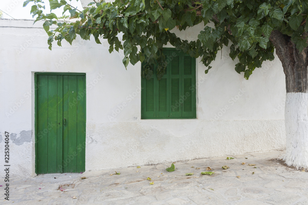 Tradycyjny grecki budynek z zielonymi drzwiami i okiennicami na Krecie - obrazy, fototapety, plakaty 