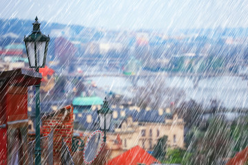 Wall Mural - autumn landscape in the czech republic / rain in Prague, red roofs, panoramic view of Prague in rainy autumn, weather cold