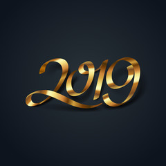 Wall Mural - Gold ribbon of 2019 calligraphy hand lettering, happy new year celebration