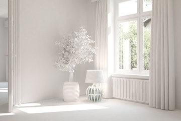 Mock up of white empty room. Scandinavian interior design. 3D illustration