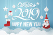 © TAW4 - Paper art of Santa claus hanging in the sky with merry Christmas and happy new year 2019 wording
