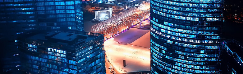 Wall Mural - landscape skyscrapers night / business center in a night landscape, winter lights in the windows of houses in the business district