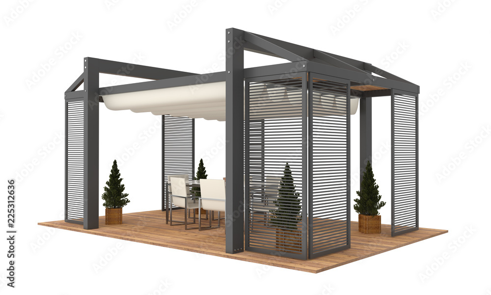 3D render of modern luxury garden pergola. With plants and furniture ...