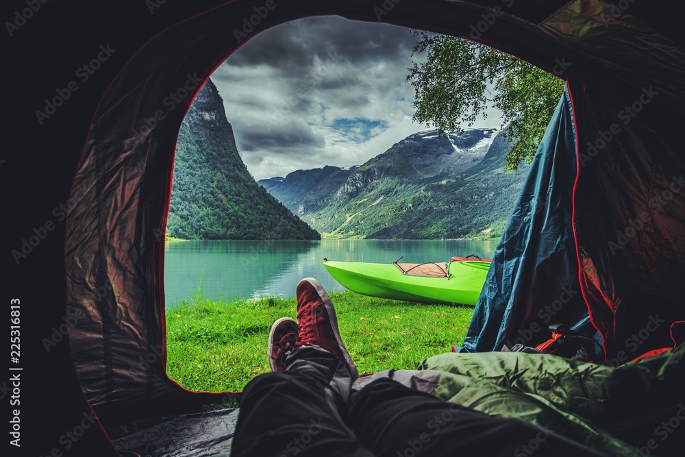 Scenic Tent Spot in Norway - obrazy, fototapety, plakaty 