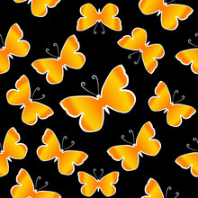 Orange Butterflies Over Black Background. Seamles Vector Pattern.