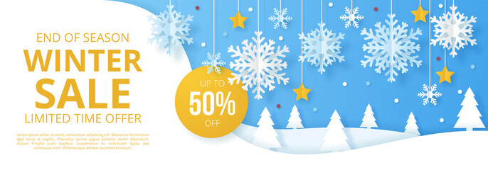 Poster - Winter sale banner. Origami snowfall. Vector Illustration.