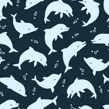 Happy Group Dolphins Silhouettes Seamless Pattern. Sealife Vector Background Illustration