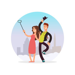 Canvas Print - Happy couple making selfie. Cartoon character man and woman making photo isolated on white. Vector illustration