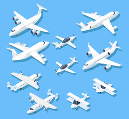 Wall Mural - Isometric planes. Private jet airplanes, aircraft and airliner. 3d aerial vector set. Illustration of jet and aircraft, airplane passenger
