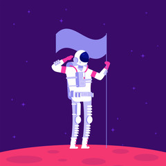 Wall Mural - mars colonization. astronaut holging flag on red planet in outer space. mars project astronautics ve