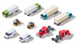© MicroOne - Isometric truck. Transportation trucks with container and van, lorry and loader. Vector 3d vehicles collection. Illustration transport van, isometric cargo forklift