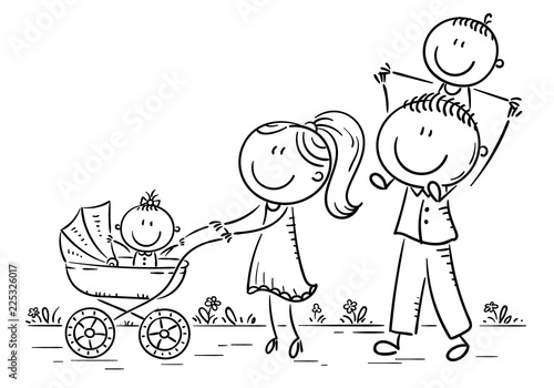 Happy cartoon family with two children walking outdoors, outline