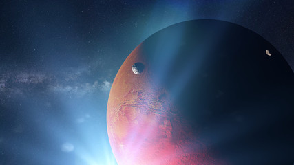 Wall Mural - red planet mars with moons phobos and deimos and the sun, members of the solar system