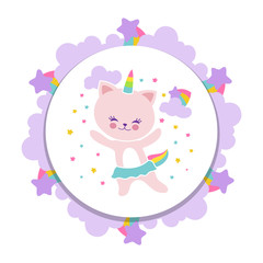 Poster - Cute happy cat banner design. Cartoon kitten with stars and rainbow isolated on white. Vector illustration