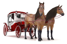 Pair Of Bay Horses Pulled Into A Carriage. 3d Illustration Isolated On White