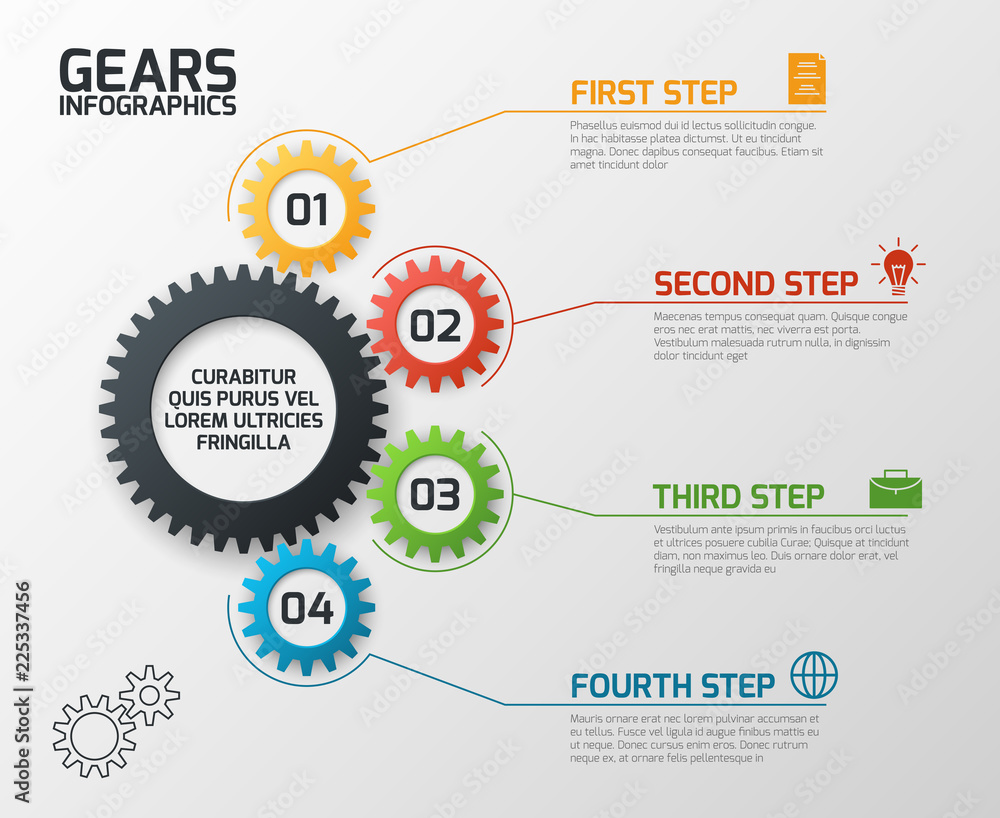 Gears infographics. Cogs gearing process planning, timeline and engineering infochart with options vector presentation template. Chart process, infochart data plan gear illustration - obrazy, fototapety, plakaty 