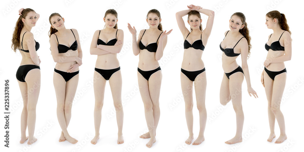 Pretty teenage girl in bikini as a photomontage with different poses and emotions - obrazy, fototapety, plakaty 