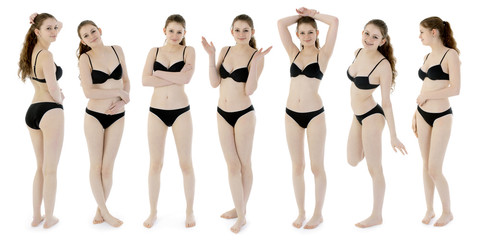 pretty teenage girl in bikini as a photomontage with different poses and emotions
