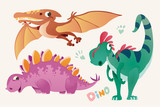 Fototapeta Dinusie - Collection of cute dino and Pterodactylus. Set 1 of colorful dinosaurios and Pterodactyl. Vector illustration