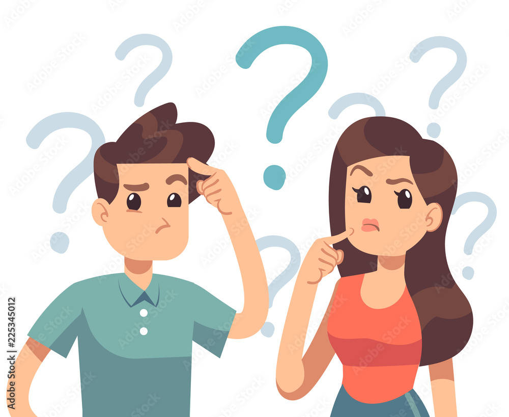 Young troubled couple. Confused woman and man thinking together. People with question marks vector illustration. Man and woman with question, thinking guy - obrazy, fototapety, plakaty 