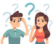 © MicroOne - Young troubled couple. Confused woman and man thinking together. People with question marks vector illustration. Man and woman with question, thinking guy