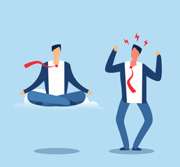 Sticker - Angry and calm. Adult man experiences stress and meditates in the lotus position. Happy and angry person. Vector business concept man yoga meditating and anxiety excitement illustration